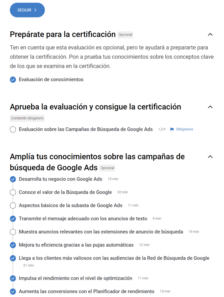 Certificados de Google Ads red de busqueda